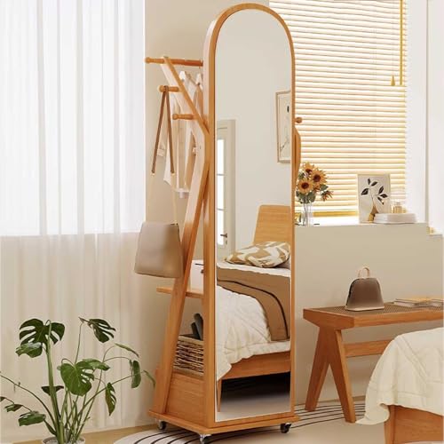 Espejo multifuncional de madera maciza de piso a techo con cajón y perchero integrado, elegante organizador y estante para el hogar con colgador para ahorrar espacio