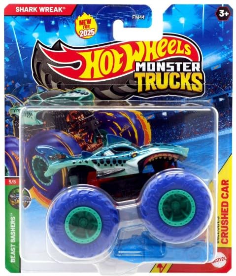 Hot Wheels Monster Trucks Diecast Vehicle, 1:64 Scale, 2025 Collection (Shark Wreak Beast Bashers 5/6)