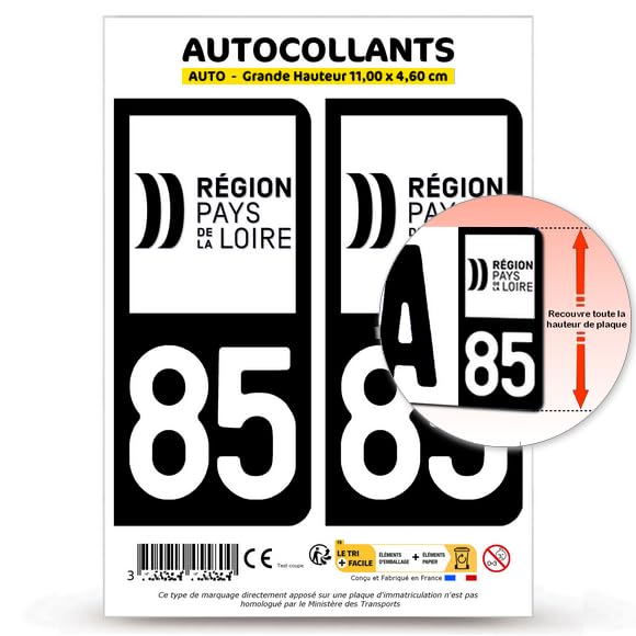 Autocollant Plaque Immatriculation 2 Stickers département 85 Vendée - Pays de la Loire II en Version Fond Noir : 11 x 4,6 cm (Grande Hauteur)