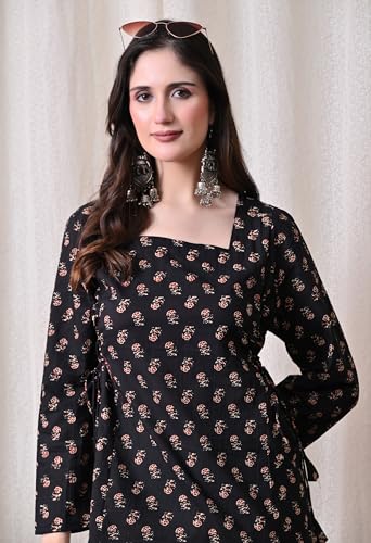 Image of MEERA FAB Women's Floral Printed Cotton Short Kurta Square Neck | Floral Printed Kurta with Full Sleeves | Short Kurti for Women