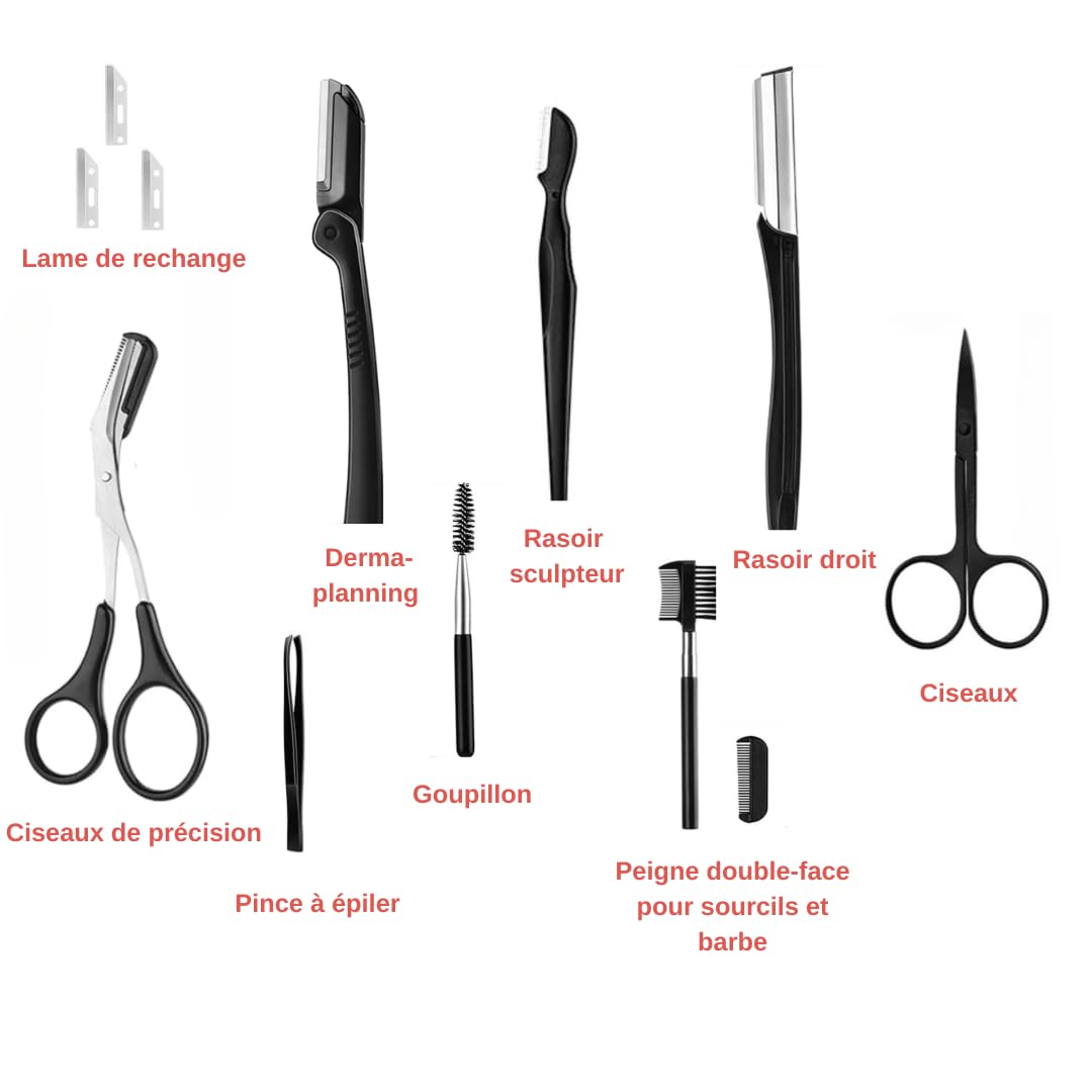 Kit Dermaplaning Visage – Lames de Précision, Ciseaux, Brosses – Épilation Sourcils, Duvet et Moustache – Exfoliation Pour Peaux Sensibles, Soin Facial et Maquillage – Set Professionnel - Femme
