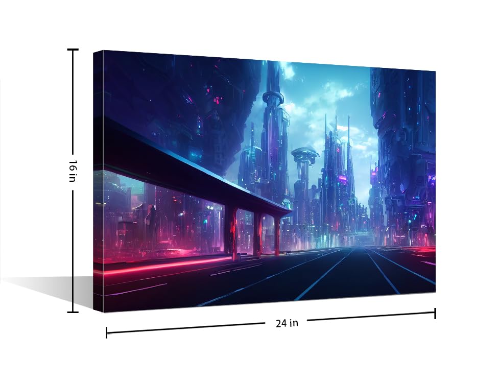 TISHIRON Cyberpunk Style Artwork Wall Art Cyberpunk Neon City Night Pictures Canvas Art Prints 1-panels Futuristic Cyberpunk City Wall Artwork Modern Home Decor Framed Ready to Hang - Image 2