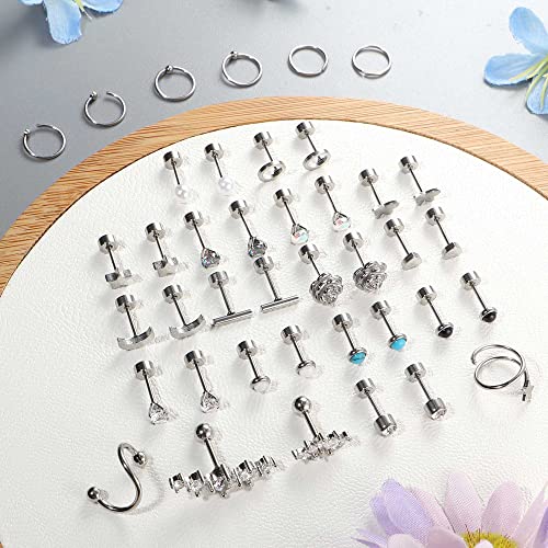 YADOCA 19Pairs Hypoallergenic Surgical Steel Earrings For Women Men Flat Back Earrings Cartilage Earrings Stud Hoops Small CZ Heart Star Moon Opal Butterfly Helix Tragus Daith Flatback Earrings Piercing Jewelry 20G3