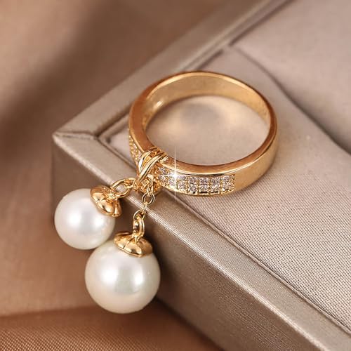 Kokoma Double Pearls Dangle Statement Ring for Women Girls Cubic Zirconia Stacking Engagement Promise Rings Wedding Band4