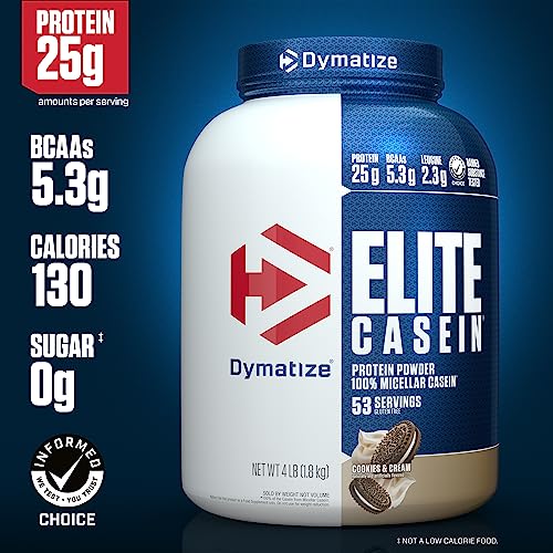 Image of Dymatize Elite Casein Protein Powder, Cookies & Cream, 100% Micellar Casein, 25g Protein, 5.4g BCAAs, 2.3g Leucine, Slow Absorbing for Overnight Muscle Recovery, 4 lb (53 Servings)