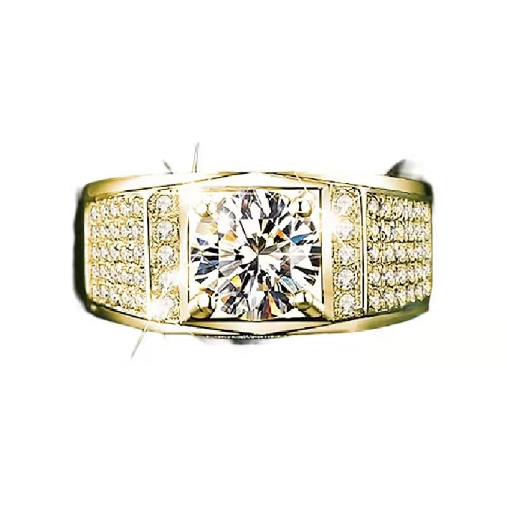 Luxury bright shiny men's ring fashion set diamond domineering fashion wedding men's ring simulation S925 sterling silver square cut 5A zircon engagement wedding ring CZC426 (Yellow gold)