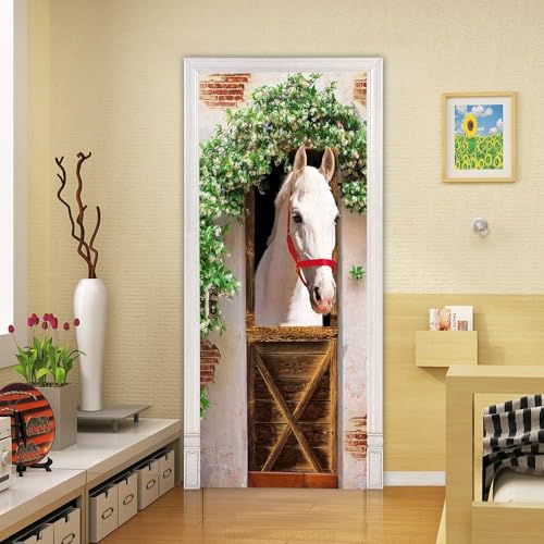 Tizhweqo Pegatina Puerta Caballo Pegatinas para Puertas Caballo de Granja Adhesivo Vinilo 3D Puerta Pegatina Pared Murales Papel Pintado Poster para Sala de Baño Decorativos 85x215 cm a5494