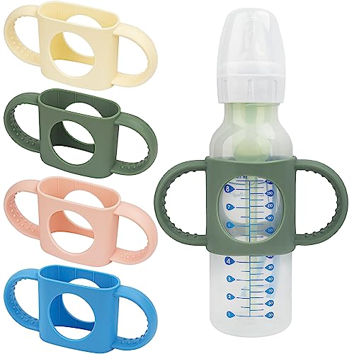 Image of 4 Pack Bottle Handles Compatible with Dr Brown Narrow Baby Bottles and Wide-Neck Bottles Non-Slip Easy Grip Handles - BPA-Free Food Grade Silicone Dishwasher Safe - Milk White, Green, Pink, Blue