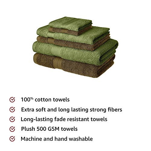 Image of Amazon Brand - Solimo 100% Cotton 6 Piece Towel Set, 500 GSM (Sepia Brown and Olive Green) & 100% Cotton 2 Piece Bath Towel Set, 500 GSM (Sepia Brown and Olive Green)