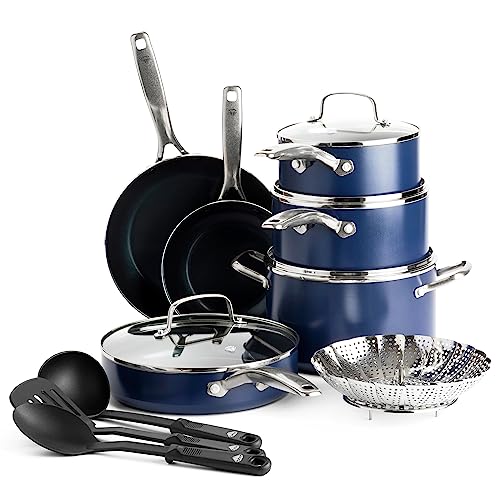 Blue Diamond 14 Piece Cookware Pots and Pans Set, Diamond Infused PFAS-Free Ceramic Nonstick, Durable Metal Utensil Safe & Scratch Resistant, Even Heating, Dishwasher Safe, Glass Lids, Oven Safe