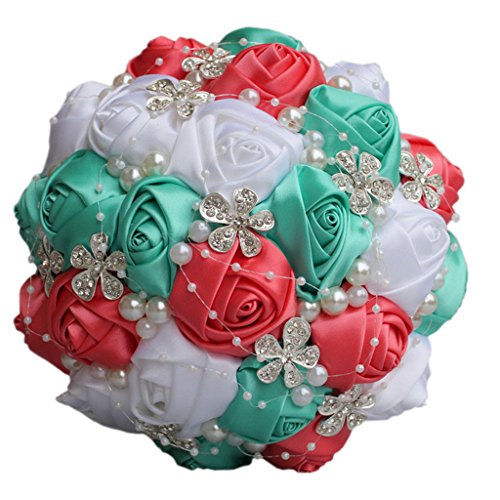 S_SSOY Wedding Bouquet Bride Bridal Brooch Bouquets Bridesmaid Bouquet Diamond Pearl Ribbon Valentine's Day Confession Party Church with Free Corsage Flower, Pink+Green+White