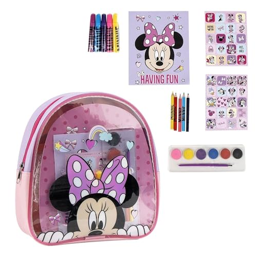 Set trabalhos manuais Minnie mochila transparente kit criativo lápis de cera, aguarelas, autocolantes, lápis de cor e caderno para colorir