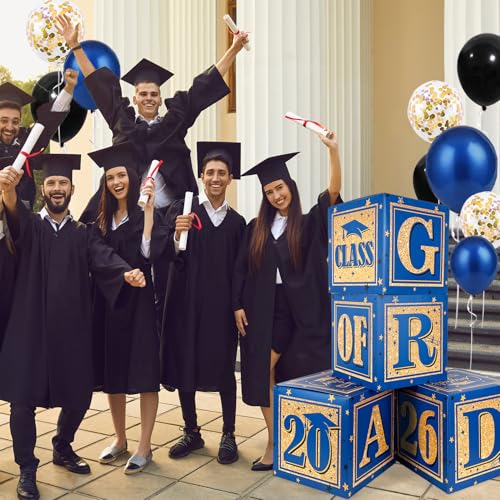 Image of 2026 Graduation Decorations Blue Class of 2026 Decorations Royal Blue and Gold Balloon Boxes with inchGRAD inch and inchCLASS OF 2026 inch Letters Graduation Boxs for High School and College Grad Announcements