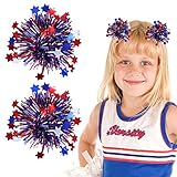 July 4th Patriotic Pom Pom Hair Clips Girls Kids Metallic Cheer Bow Barrette Glitter Red White Blue Decor Accessories Independence Day Party Favor Gift for Cheerleader Women