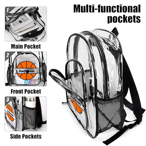 Personalized Basketball Black Clear Backpack with Name PVC See Through Transparent Backpack with Reinforced Strap & Large Capacity School Workplace, Back to School Gifts for Boys Girls Kids4