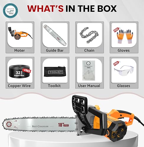 Image of DVI Electric Chainsaw With 18-Inch Guide Bar With 2300 W High Power Motor With Low-Kickback System | Perfect For Cutting Wood, Pruning and Harvesting Firewood | With Free 32 Feet Wire