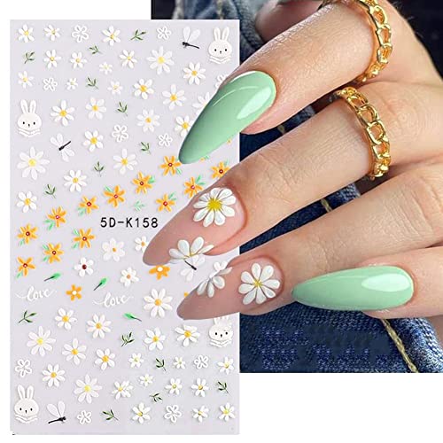 Daisy Nail Art Stickers 5D Embossed Flower Nail Decals Spring Nail Art Design Self Adhesive Nail Supplies White Yellow Flowers Nail Stickers For Women Manicure Decoration 3 Sheets #TOP2