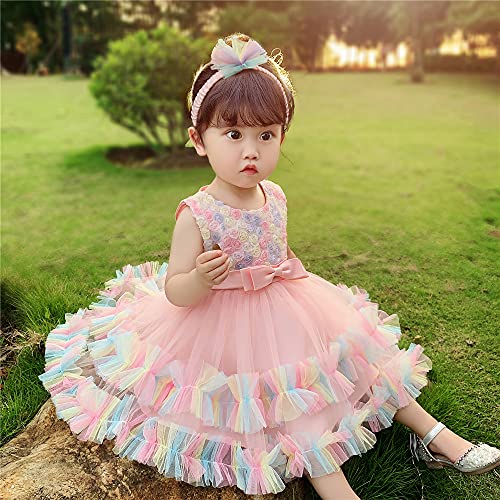 Avazu 3M-6T 3D Colorful Flower Toddler Baby Girls Wedding Pageant Layered Dresses Wedding Birthday Party Tutu Gown With Headwear Light Pink 80 #TOP3