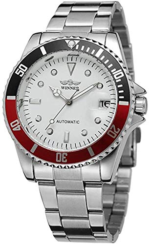 MASTOP Rotatable Bezel Automatic Mechanical Watch Mens Brand Waterproof Full Steel Silver Luminous Dial Watches (White)