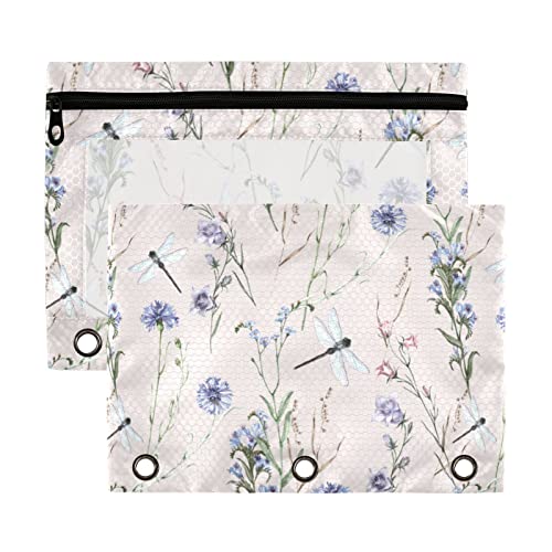 Estuche para lápices de 3 anillos con diseño de flores de prado, libélula, acuarela, rosa, paquete de 2 estuches de plástico reciclado, transparente, impermeable, con cremallera, accesorios de
