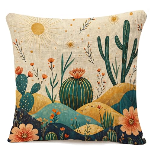 LAVVIEGO Boho Desert Cactus Throw Pillow Cover 18x18,Southwestern Floral Western Cacti Sun Art Decorative Cushion Cover,Linen Blend Square Pillowcase for Sofa Couch Bed
