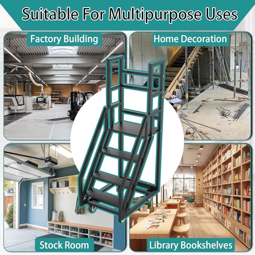 Image of 4 Step Rolling Ladder,39.3 inch W x 23.6 inch D x 78.7 inch H Handrails Anti Slip Storehouse Stair Ladder with Wheel,Movable Industrial Rolling Stairs,Suitable for Libraries Storehouse
