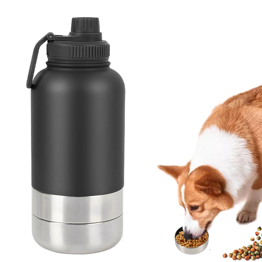 WAVATA Botella de agua para perros para viajes, 32 oz, aislada, portátil, para viajes, con 2 comederos para perros, botella de agua para paseos, senderismo, camping