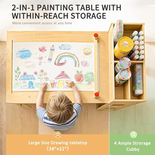 Image of WINGYZ 5 in 1 Kids Art Table and Chairs - Toddler Activity Table and 2 Chair Set with Storage Cabinet, Wooden Kids Craft Table, Art Desk Sensory Table with Paper Roll for Playroom Ages 2-12 Gift