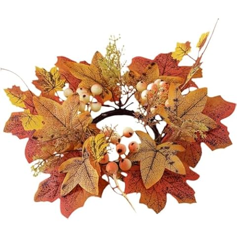 Fall Candle Rings Wreaths Thanksgiving Candle Ring Holder Artificial Maple Leaf Candle Garland Mini Flower Candleholder Wreaths for Thanksgiving Table Decorations Centerpieces Cover