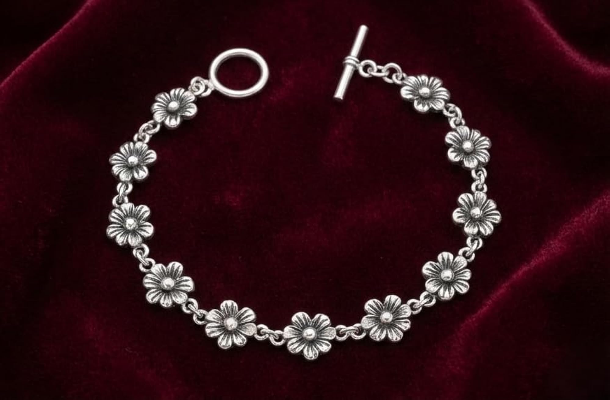 Antique Floral Toggle 925 Silver Bracelet, Elegant Gift