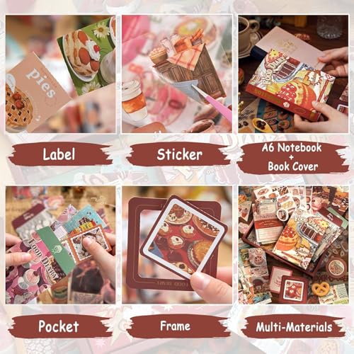 Image of VIBE VISTA Vintage Aesthetic Scrapbook Kit, 346 Pcs, A6 Grid Notebook, Washi, Envelopes, Scrapbook Papers, Folding Labels, Background Papers, Photo Frames, Calendar Stickers, Stickers (Food Diary)