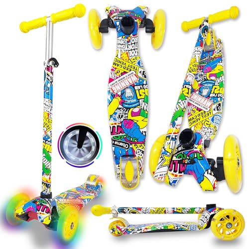 WeLLIFE |Scooter RGX| Monopattino per Bambini da 3 a 12 Anni| Monopattino Bambino 3 Ruote Luminose a LED| Monopattino Bambina con Impugnatura Regolabile in Altezza| (COMICS/GIALLO)