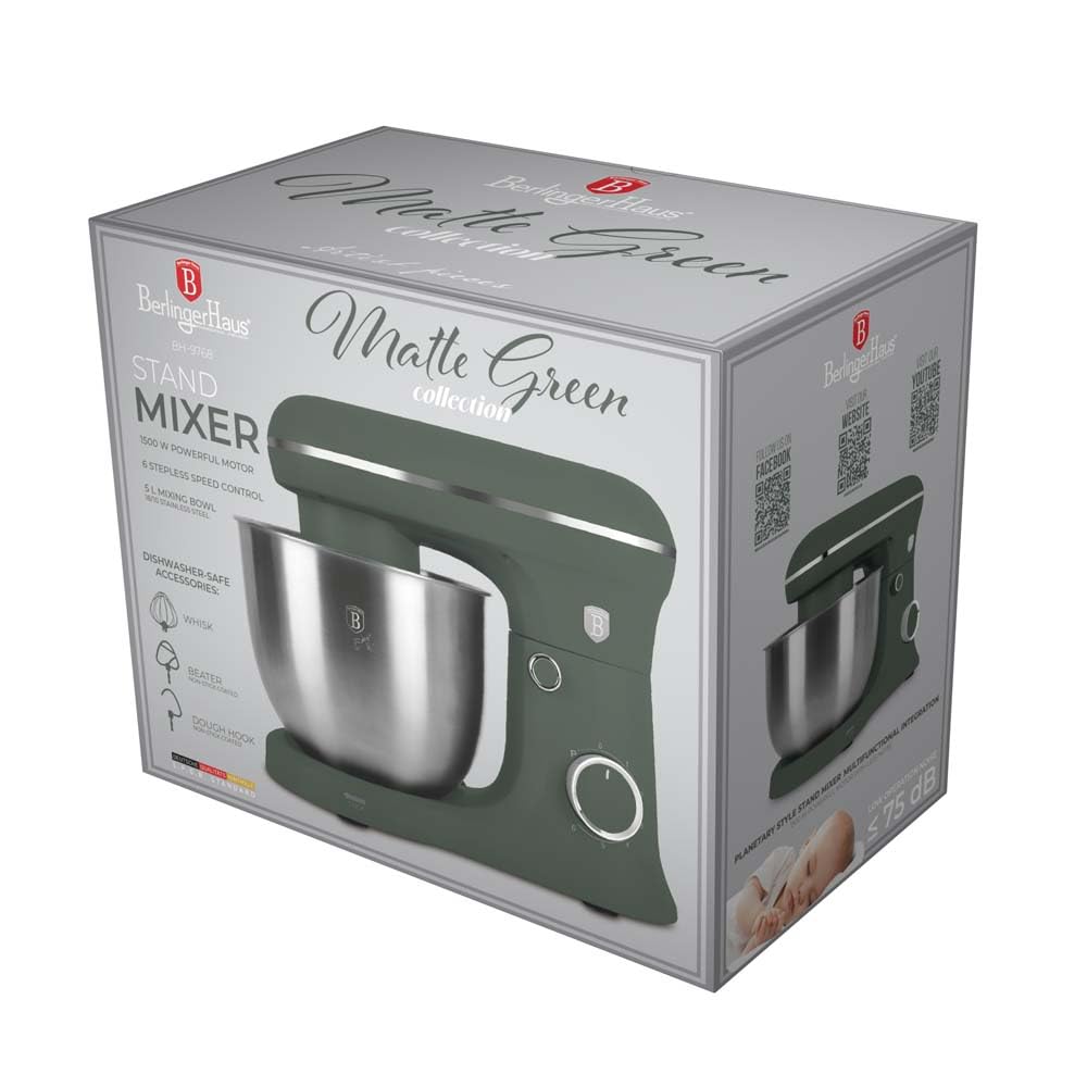 Berlinger Haus Küchenmaschine 1500 W Matte Green Collection 5 l Rührschüssel Edelstahl 18/10 6 Geschwindigkeiten Pulsfunktion LED Kontrolle leise modernes Design