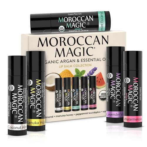 Image of Moroccan Magic Organic Lip Balm 5 Piece Variety Pack Gift Set | Ultra-Hydrating Argan & Essential Oil Lip Moisturizer + Vitamin E | Smooth | Natural | Non-Toxic | Cruelty Free | 5 Pack