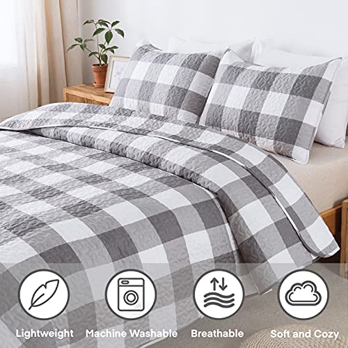 Andency Gray Plaid Quilt King(104X90Inch), 3 Pieces (1 Buffalo Plaid Quilt And 2 Pillowcases) Grey Buffalo Check Bedspread Set, Soft Microfiber Gray Gingham Geometric Bedding Quilted Coverlet #TOP6