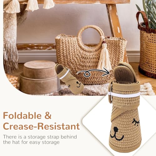 2 Pcs Kids Straw Sun Hat, Toddler Wide Brim Cute Bunny Beach Hat Adjustable for Beach Park Travel Beige,Brown4