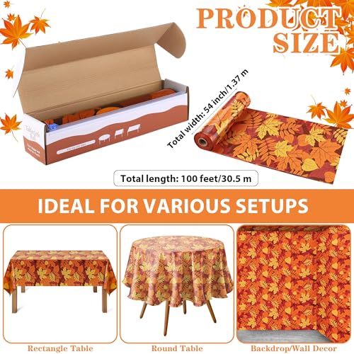 Image of Kochorie 100 Ft x 54 Inch Fall Leaf Tablecloth Roll with Cutter Box Disposable Fall Thanksgiving Plastic Table Cover Backdrop Cut to Size Maple Leaves Table Cloth Roll for Autumn Party Decorations