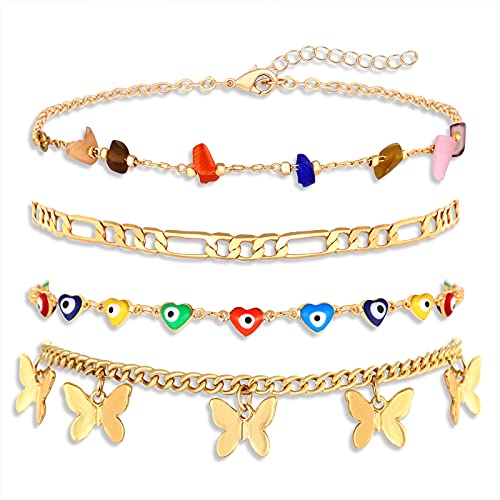 CEALXHENY Anklets for Women Cute Charms Butterfly Ankle Bracelets Colorful Rhinestone Anklets Bohemia Layering Chain Anklets for Girls Summer Beach Foot Jewelry Set (Multicolored 2)