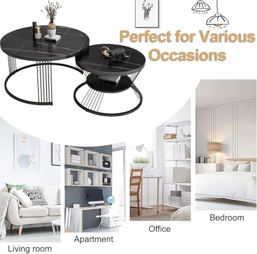 Image of Elegent Coffee Table Set of 2 | Marble Look End Tables | Center Table with Storage Shelf | Metal Frame Neasting Table for Living Room Bedroom or Apartments (Black Antique)