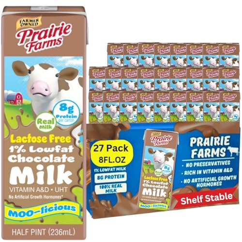 Prairie Farms - Chocolate Lactose Free Milk, Shelf Stable 1% Low Fat Milk Boxes Vitamin D, Gluten Free, UHT, Kosher - 8oz. (27 Pack) (8 FL Oz, Chocolate)
