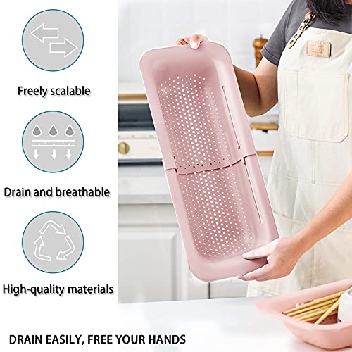 Image of Sink Colanders and Strainers Basket Retractable Plastic Fruit Vegetable Strainer Drainer Basket for Kitchen (Length 14.3 inch-19.4 inch) (Pink)