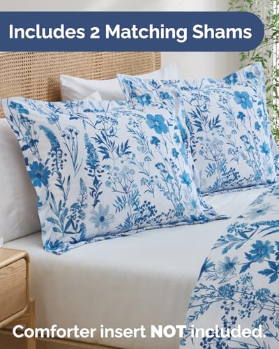 Image of Duvet Cover King Size Set - Extra Soft Floral Duvet Cover 104 x 90 with 2 Pillow Shams - Comfy, Breathable Bedding Set - Hotel Luxury & Fade Free w / Zipper Closures & Ties - Blue Dainty Floral