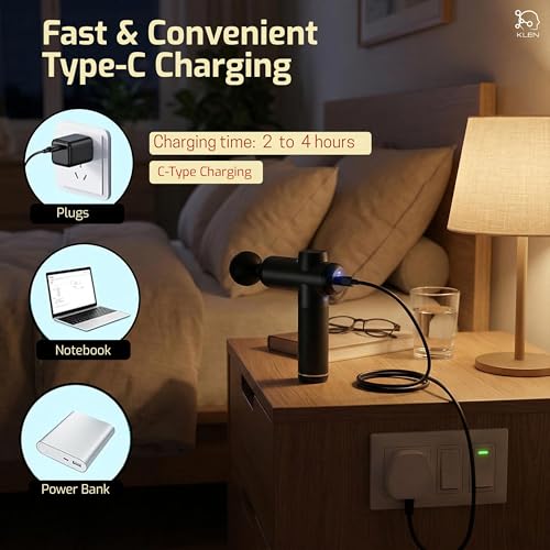Image of KLEN Rechargeable Massager Gun For Body Pain Relief with 4 Interchangeable Heads Cordless Electric Handheld Massage Machine for Back, Neck, Shoulders & Legs and Adjustable Speeds