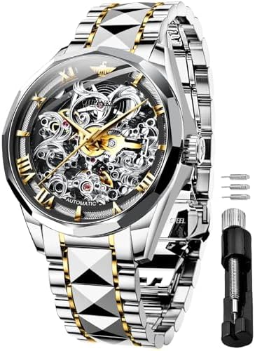OUPINKE Men's Silver Skeleton Mechanical Luxury Wrist Watches