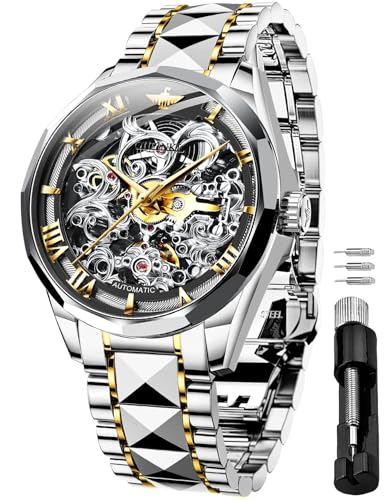 Image of OUPINKE Silver Skeleton Watches for Men, Luxury Dress, Automatic Mechanical