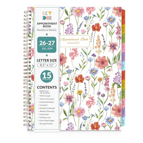 SKYDUE Appointment Book 2026-2027 Academic Hourly Planner from July 2026 - June 2027 8.5 x 11 Weekly & Monthly Schedule Planner with 15-Minute Interval- Perfect for Daily Planning White Flower