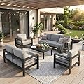 Solaste Aluminum Outdoor Patio Furniture Set, 7 Seats Patio Sectional Sofa with 5" Thick Cushion, Outdoor Patio Set with Coffee Table for Porch, Backyard, Deck, Yard, Light Grey