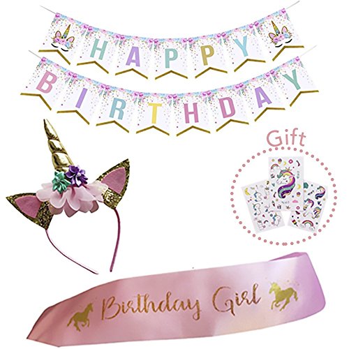 Unicorn Birthday Girl Set of Gold Glitter Unicorn Headband and Pink Satin Sash for Girls, Happy Birthday Banner + 3 Sheets Unicorn Tattoos, Unicorn Party Supplies, Favors and Decorations.(ELISTORE)