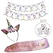 Unicorn Birthday Girl Set of Gold Glitter Unicorn Headband and Pink Satin Sash for Girls, Happy Birthday Banner + 3 Sheets Unicorn Tattoos, Unicorn Party Supplies, Favors and Decorations.(ELISTORE)