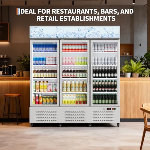 Image of 290 Gallon Three-Door Display Beverage Refrigerator with Lightbox, Metal Sheet Commercial Refrigerator with Adjustable Shelves, Locking Casters for Restaurants, Bars, and Retail Stores, White